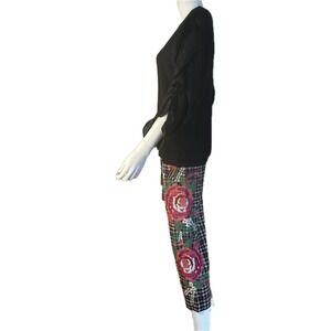 FARM RIO Rooster Cross Stitch Embroidered Pants Plaid (Black & Cream)